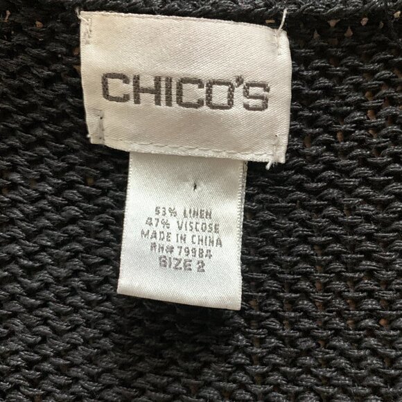 Chico's Linen Bl Fringe Open Cardigan & VTG Flapper Brooch Sz 2 L/12 Black #88G - Picture 8 of 9